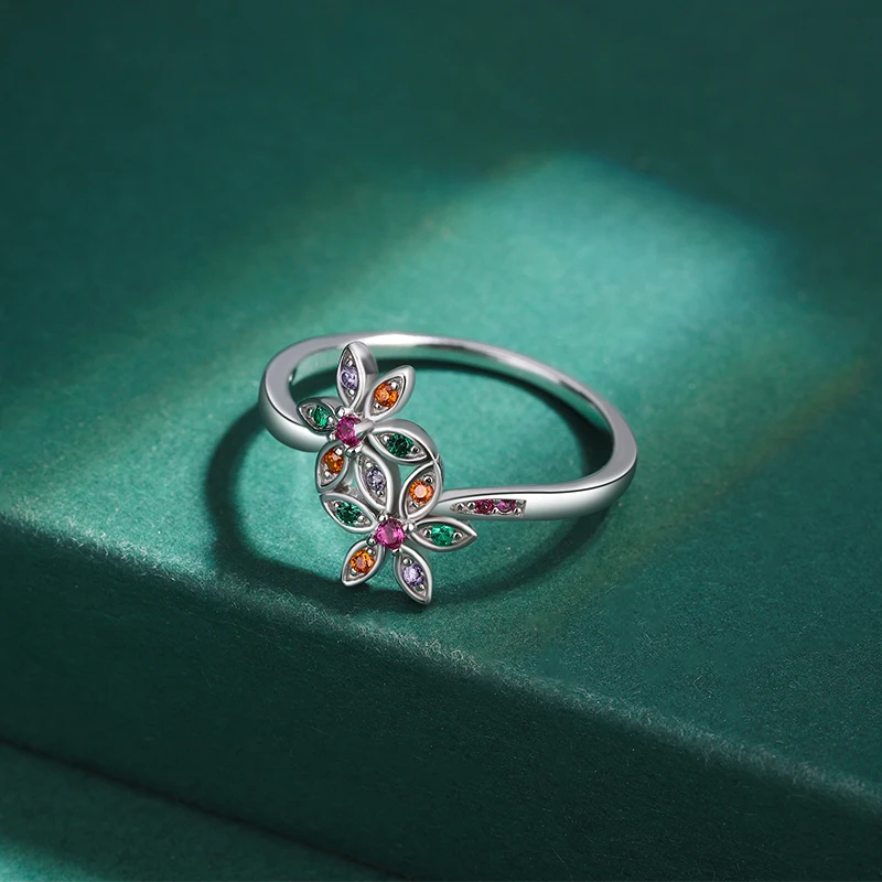 Creative Rainbow Emerald Ruby Double Flower Couple Ring For Women Original Genuine Sterling Silver Valentine's Day Gift Jewelry