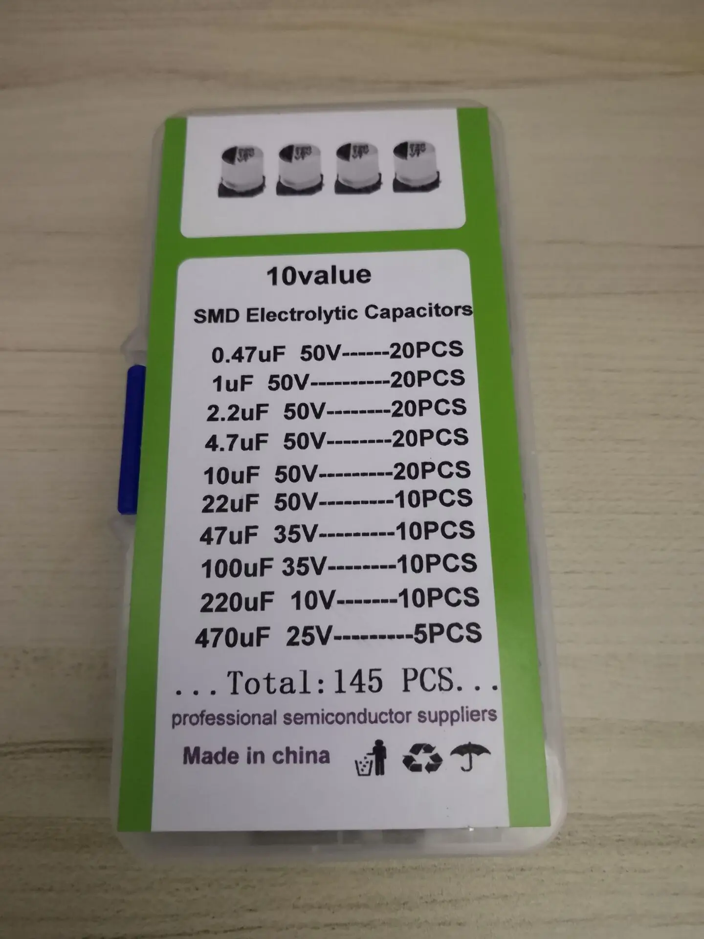 10values 145pcs 35V/25V/10V Aluminum Electrolytic Capacitor 0.47uf/1uf/2.2uf/4.7uf/10uf/22uf/47uf/100uf/220uf/470uf Kit Mix Box