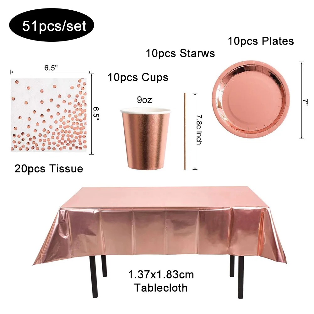 1 Set Rose Gold Disposable Tableware Cups Straws Foil Tablecloth Rose Gold Disposable Plates for Birthday Wedding Decoration