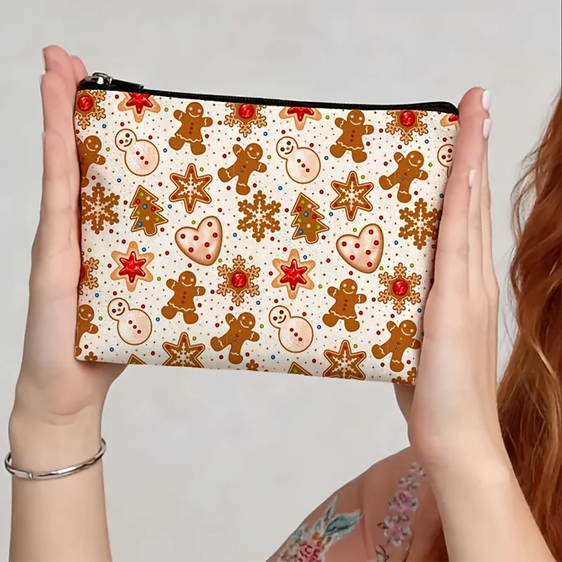 Gingerbread Man Full Print Christmas Makeup Bag Snowman Snowflake Playful Cookie-Style Storage Bag Multifunctional Makeup Bag