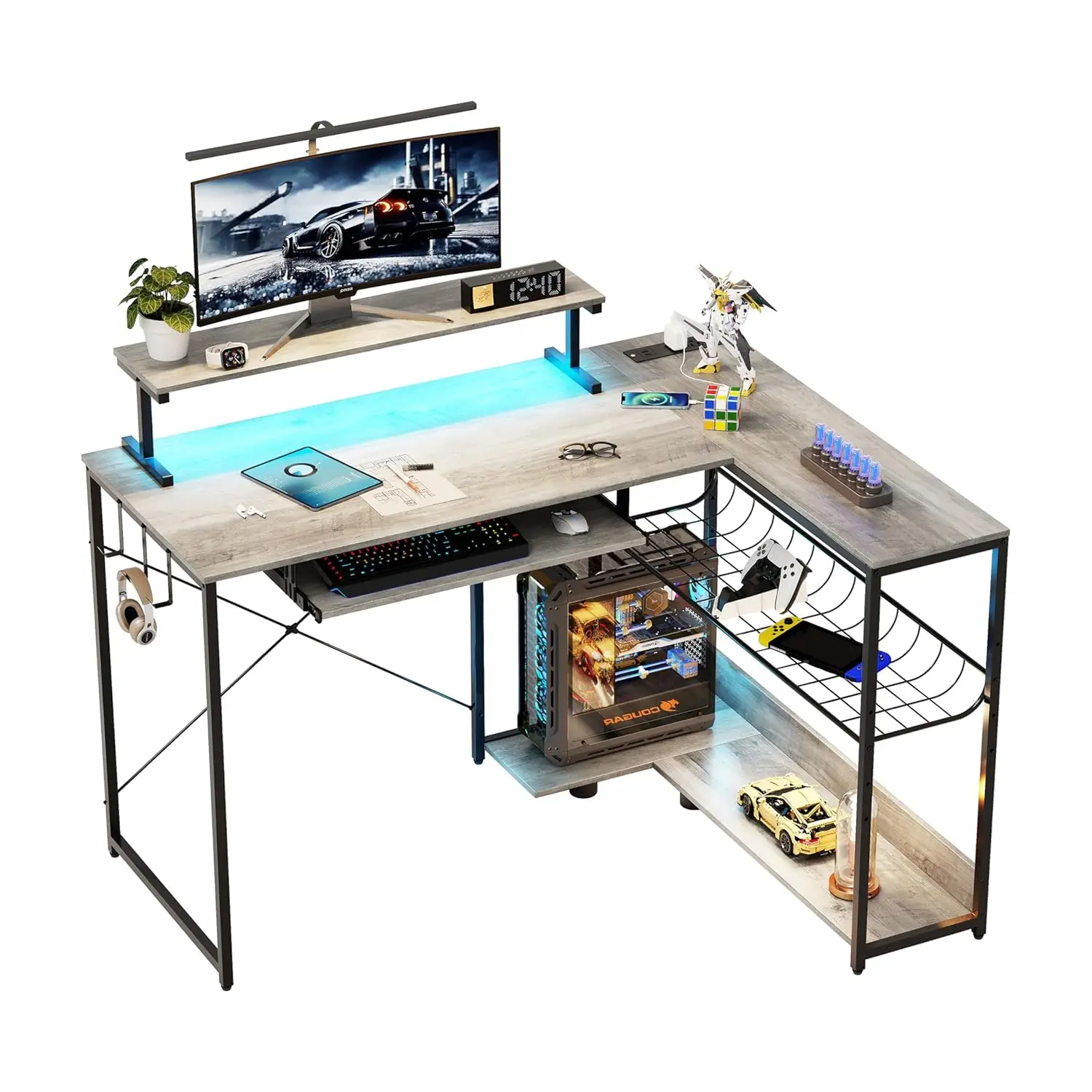 

L Shaped Gaming Desk Power Outlets RGB Lights 46in Corner Computer Workstation Monitor Stand Shelf Hook Office Grey,Customized