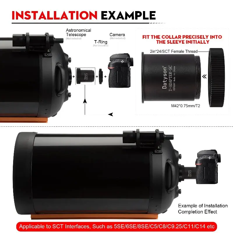 Datyson SCT to T2 Adapter, telescope to camera converter for Celestron SCT telescopes, an accessory for astrophotography