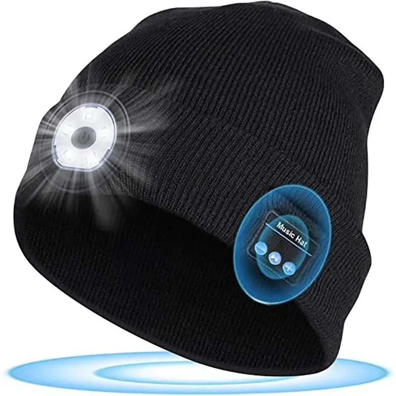 USB Rechargeable Hands Free 4 LED Headlamp Cap Winter Knitted Night Lighted Hat Flashlight Women Men Gifts for Dad Him Husband