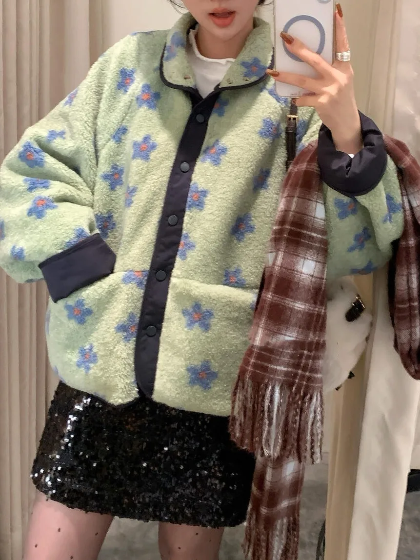 韓国 Sle 甘いかわいいラムファーコート女性の暖かさふわふわ花柄アウター春秋冬ファイオンストリートウェア