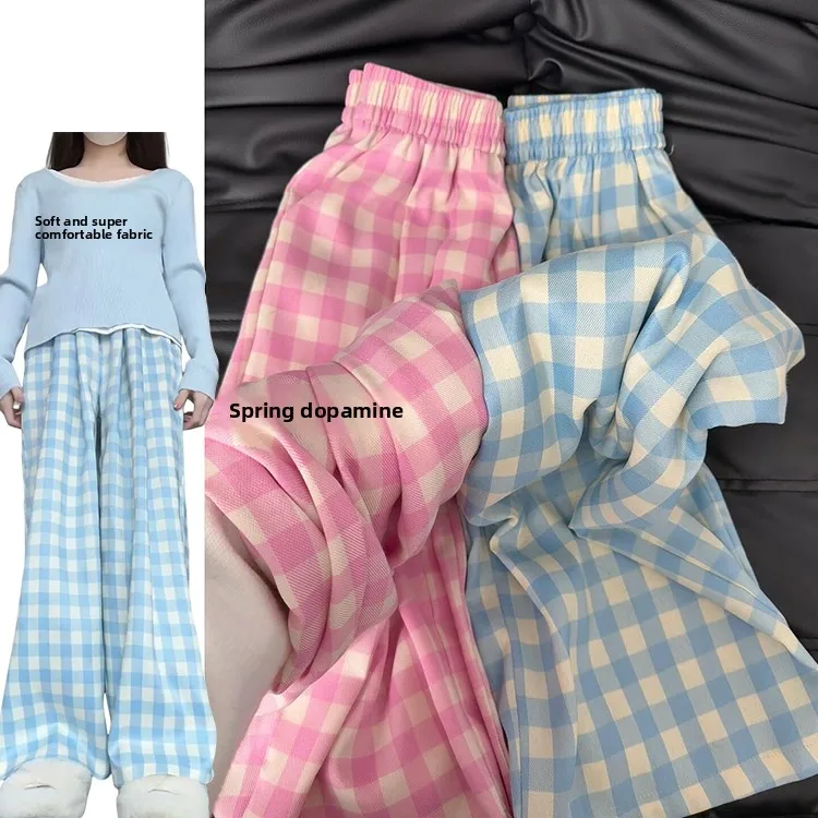 الكورية Sle منقوشة بنطال ذو قصة أرجل واسعة المرأة ربيع الخريف جديد Faion التخسيس الطابق طول السراويل الفتيات الإحساس الشباب