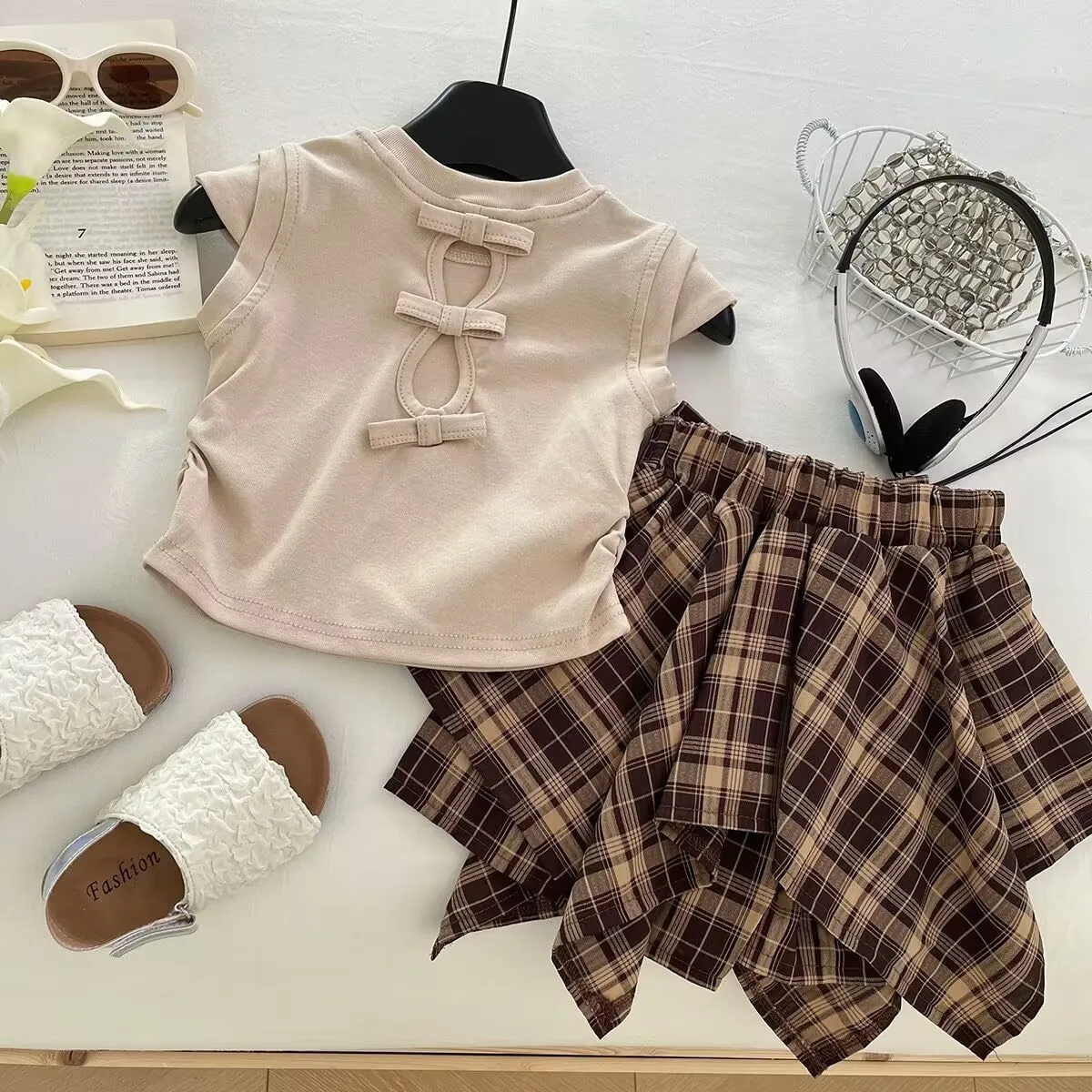 Summer New Girls Clothing Set Bow Print Backless T-shirt+Grid Skirt 2Pcs Suit For 2 3 4 5 6 8 10 Years Stylish Outfit 소녀 세트