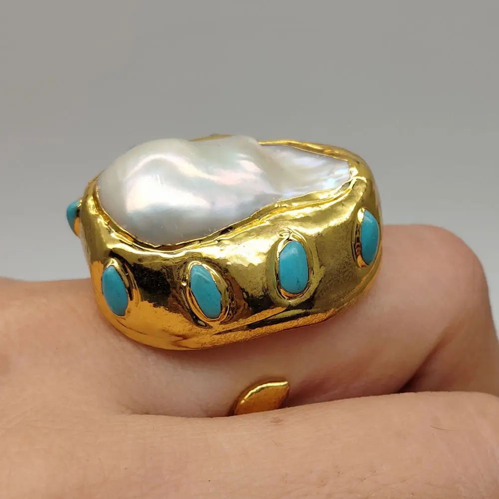 Y·YING Big Natural Freshwater Baroque Pearl Blue Turquoise Rings Jewelry Luxury Party Cocktail Ring