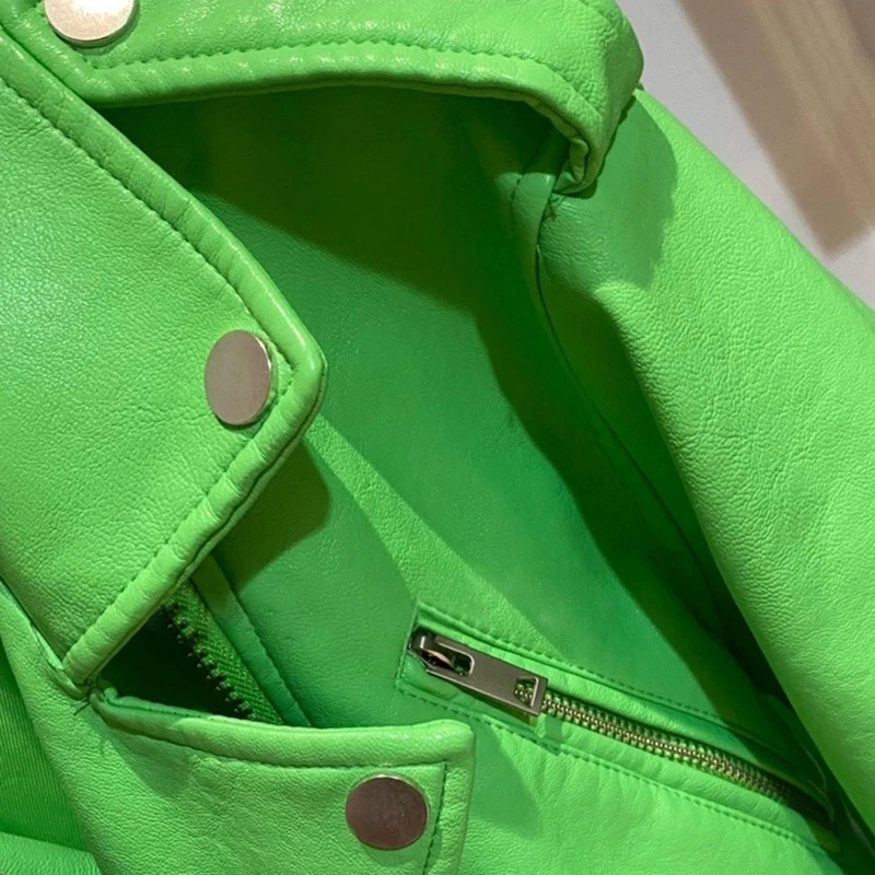 Spring Short Green Gecko Biker Leather Jacket Long Sleeve Zipper Belt Colored Stylish Outerwear for Women Fashion Crop Tops