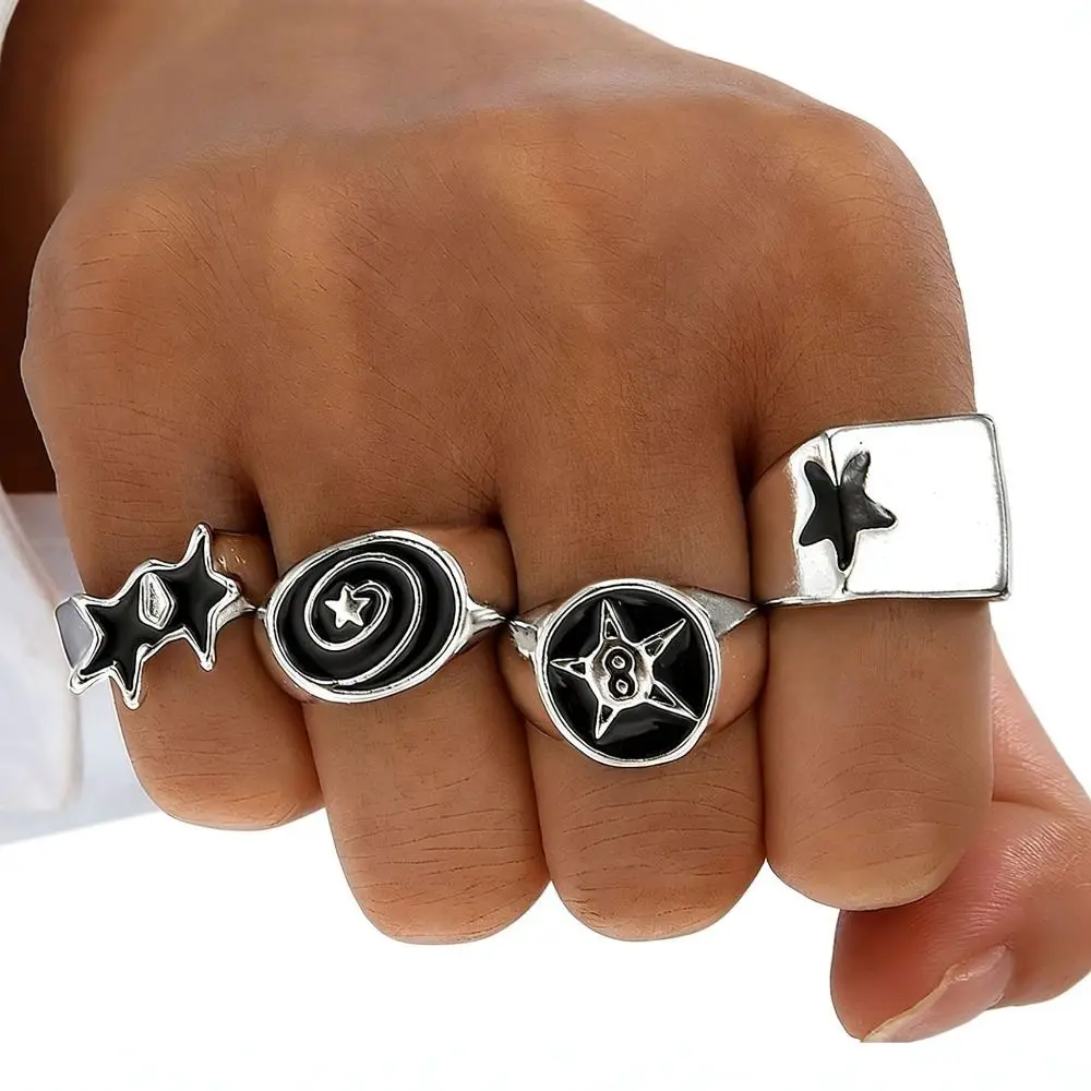 4pcs Irregular Design Geometric Open End Rings Black Five-Pointed Star Bold Design Punk Couple Rings Wide Opening