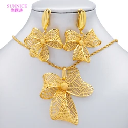 18K Gold Color Dubai Jewelry Set Golden Pendant Necklace Earring For Women Bridal Collares Joyas Bijoux Female Jewellery