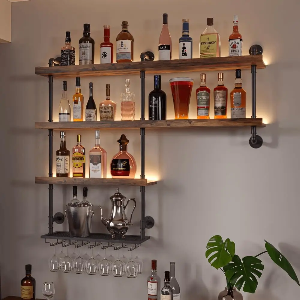 Wine Rack, 4-Tier Wall Mounted with Lights, 47.2-Inch