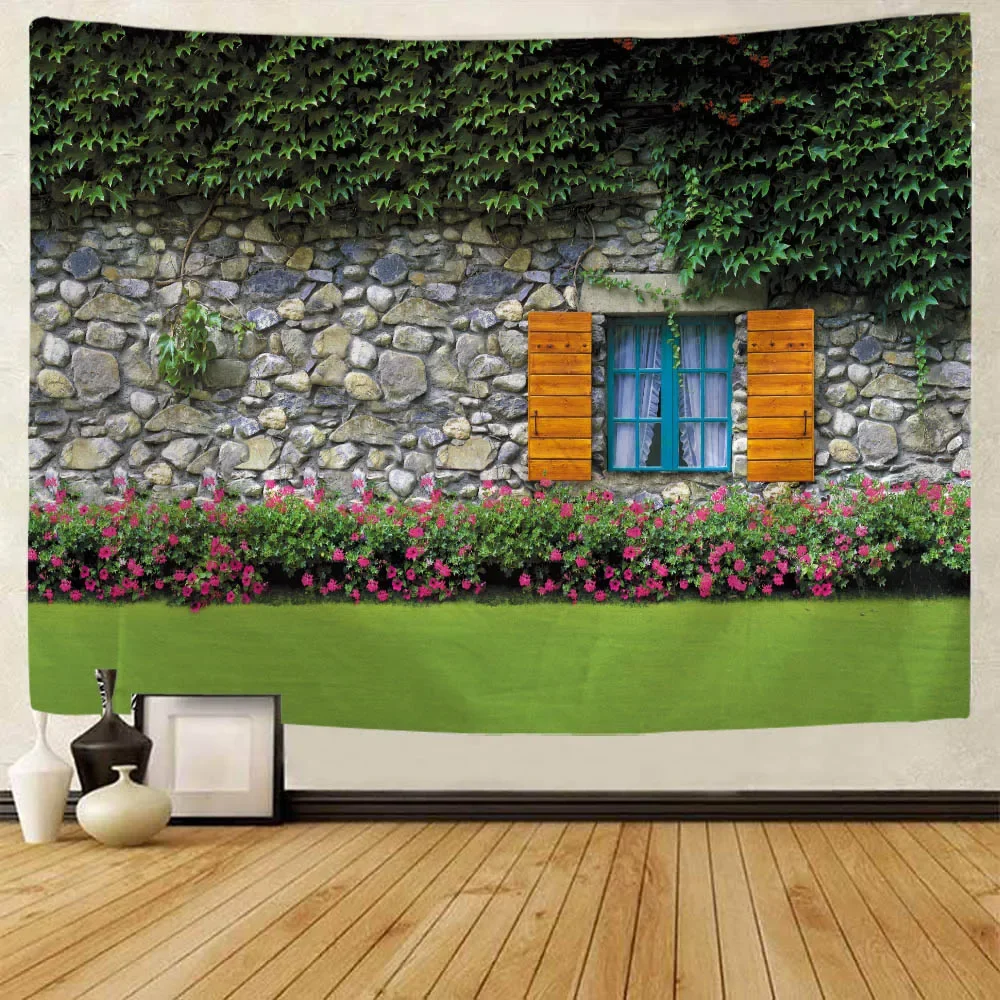 Window like landscape tapestry, brick wall, oil painting, home art decoration, bedroom, dormitory, wall decoration cloth