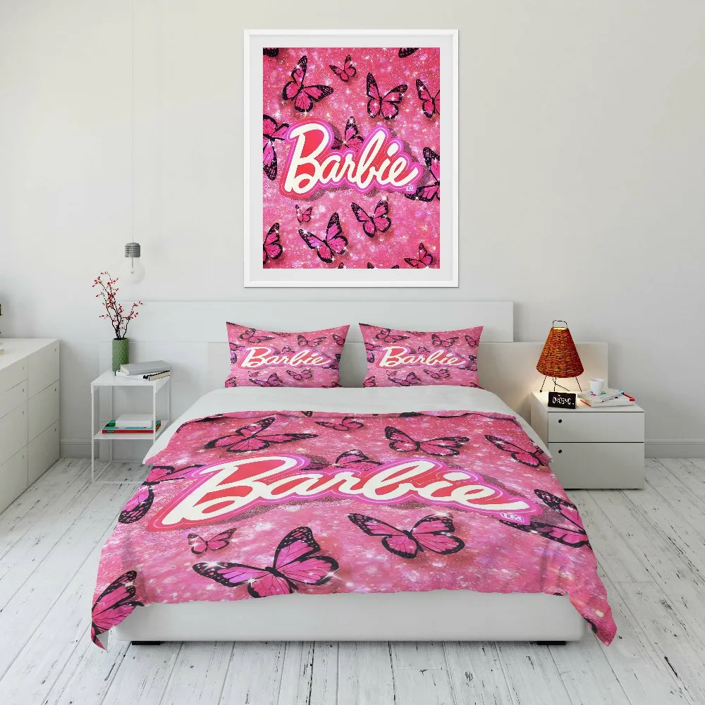 10 Sizes MINISO Barbie Printed Printed Quilt Cover Pillowcase Bedding Set Kids Adult Comfortable Bed Set Twin King Pink Decor