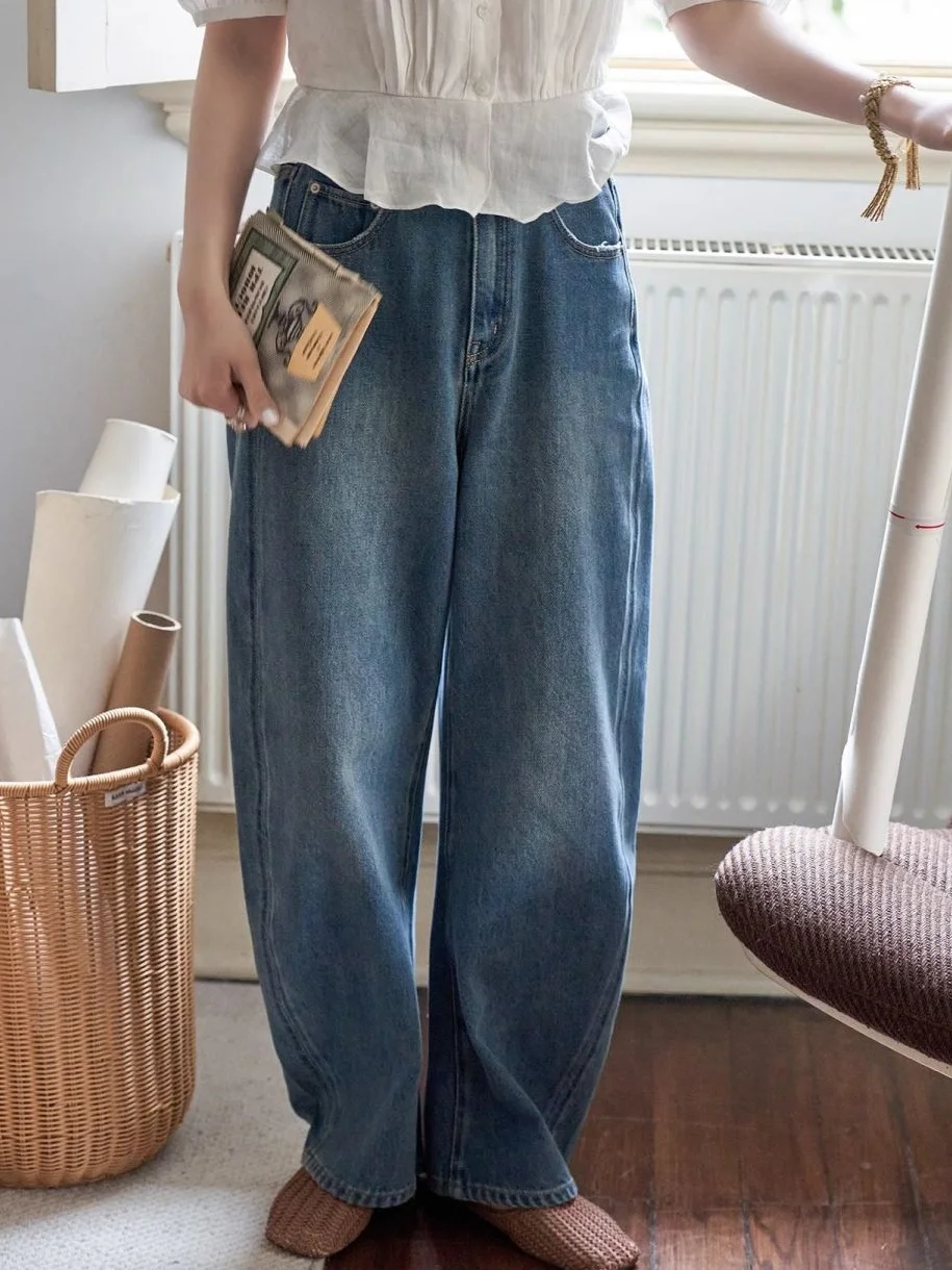 Women Spring Autumn Loose Straight Leg Pants Curved Wide Leg Jeans