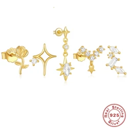 AIDE 1Pair 925 Sterling Silver Star Zircon Piercing Stud Earrings For Women Rose Flower INS DIY Korean Girls Pendientes Jewelry