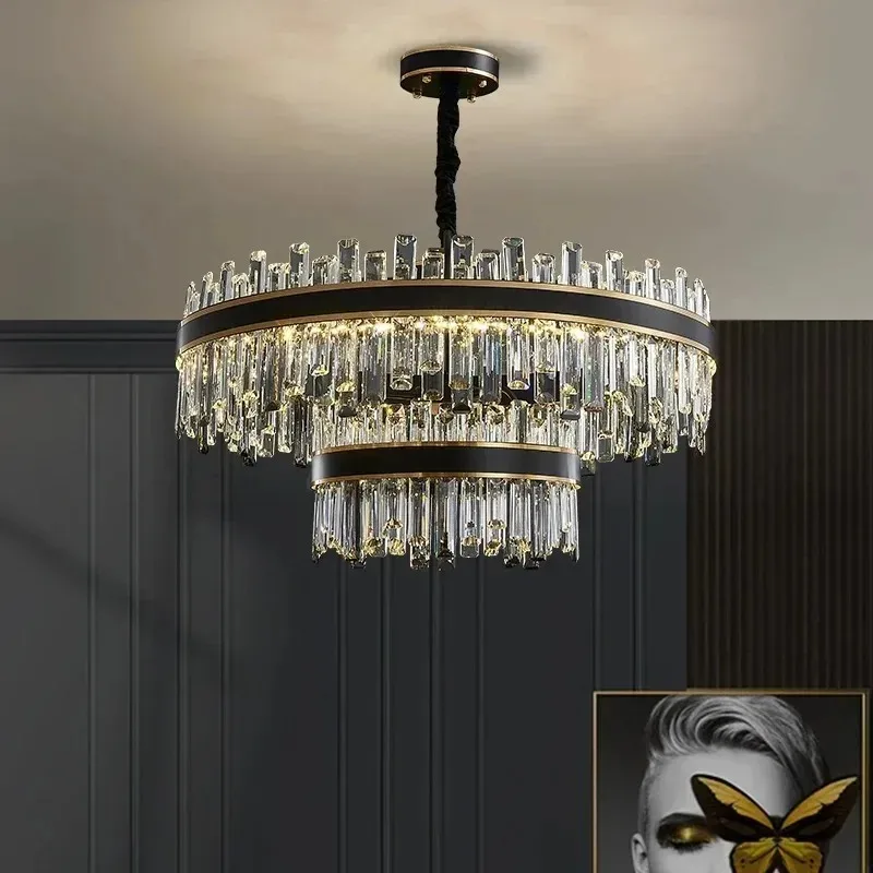 Crystal chandelier living room main lamp light luxury modern simple high-end atmosphere luxury villa black double-layer round la
