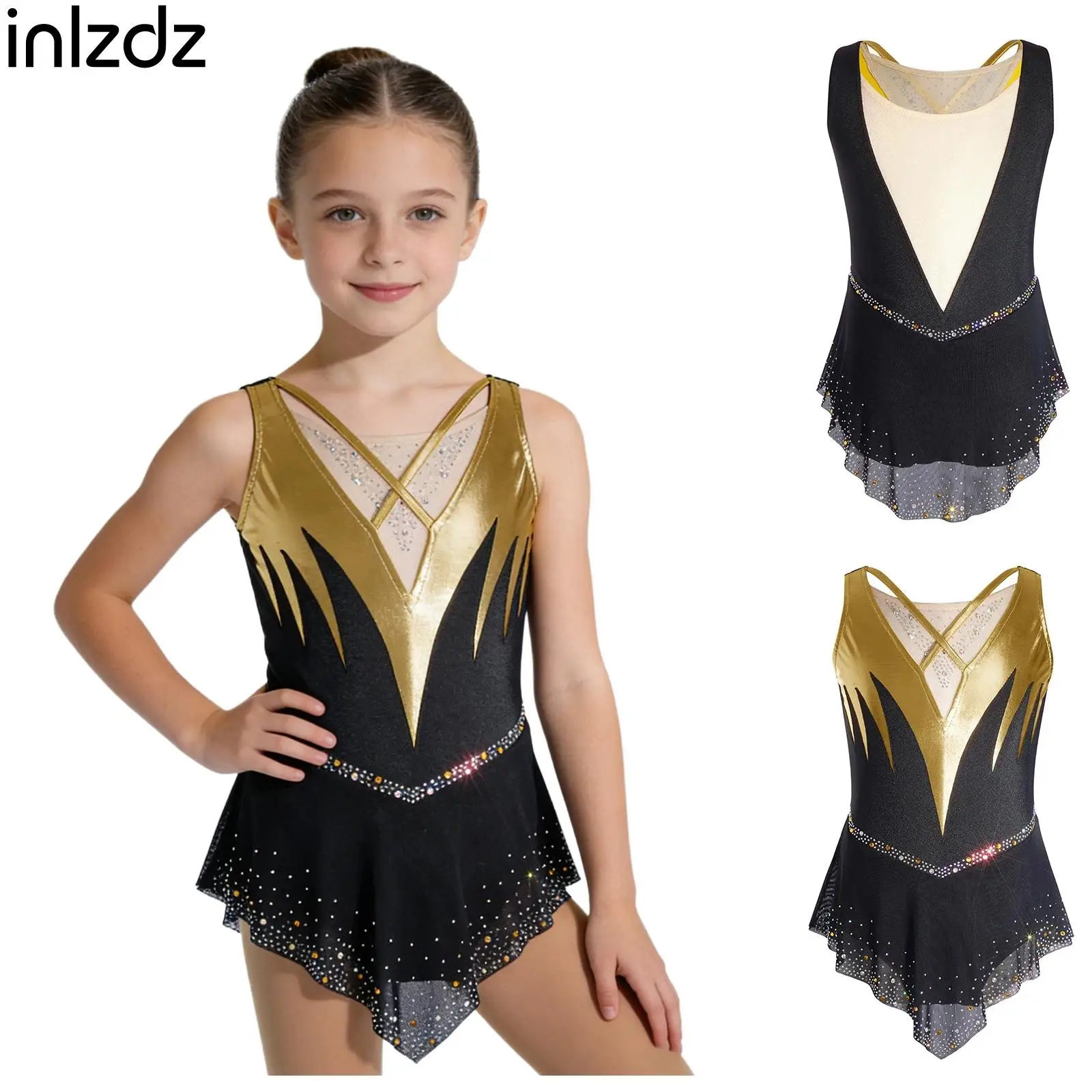 

Girls Athletic Gymnastics Figure Skating Costume Leotard Sleeveless Cross Front Rhinestone Mesh Figure Skating Bodysuit Dress