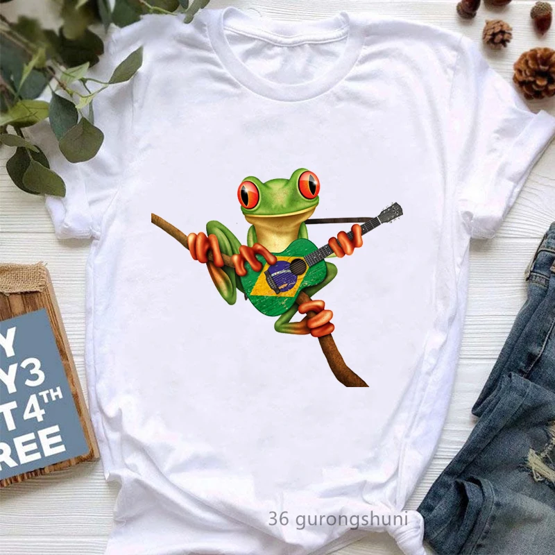 

Funny Tshirt Women Brazilian Frog Plays Guitar Print T Shirt Femme Harajuku Kawaii Clothes Summer Short Sleeve T-Shirt Female