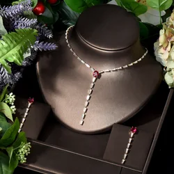 HIBRIDE Shiny Long Drop Bridal 2pcs Necklace Earring Jewelry Set for Women Wedding Dress Accessories ensemble de bijoux N-770