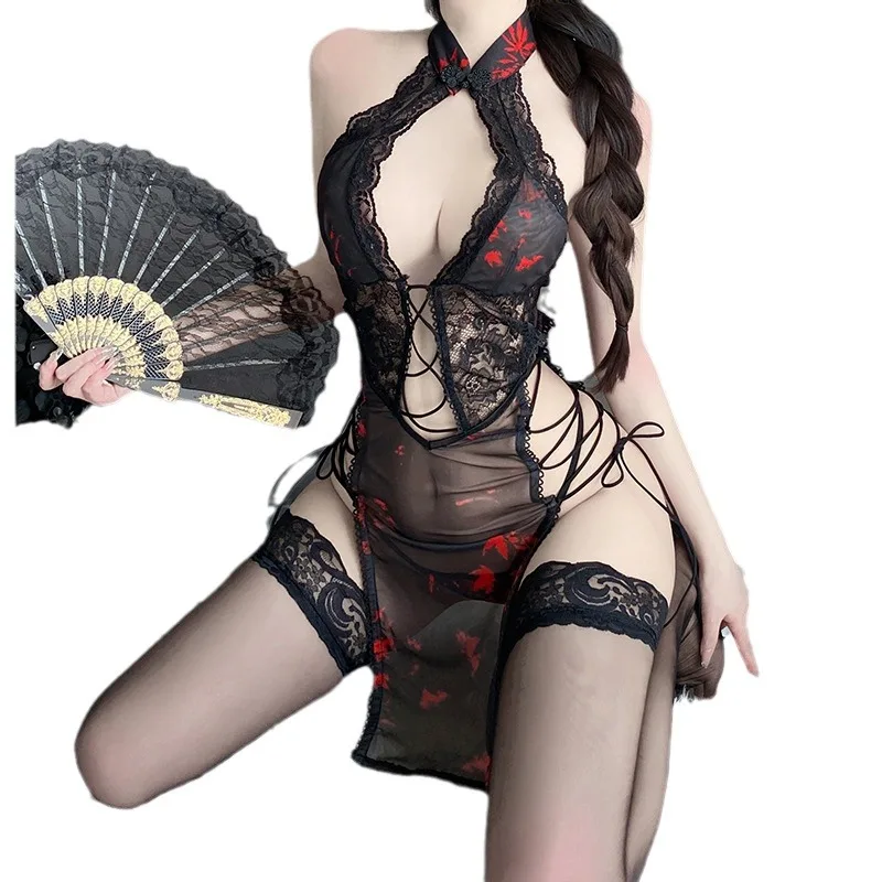 Sexy Cosplay Costumes Black Cheongsam Erotic Anime Ladies Dress Women Lace Lingerie Adult Games Classical Flirt Sex Uniform Set