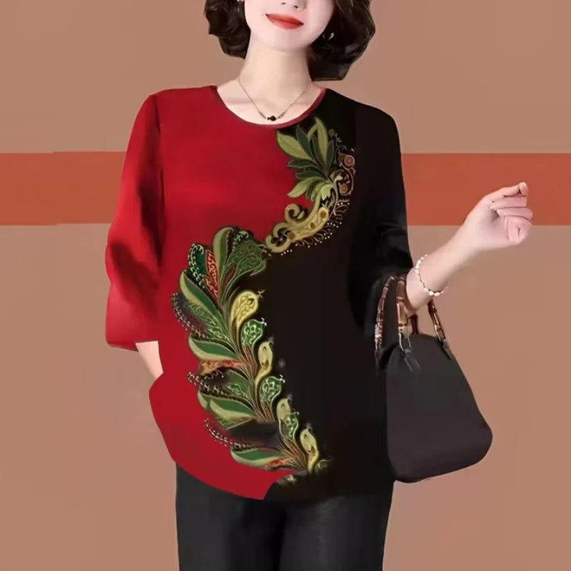 

Летний женский винтажный пуловер, футболка, корейская мода, элегантный 3D принт, цвет Cootrast, свободные повседневные топы с рукавами 3/4