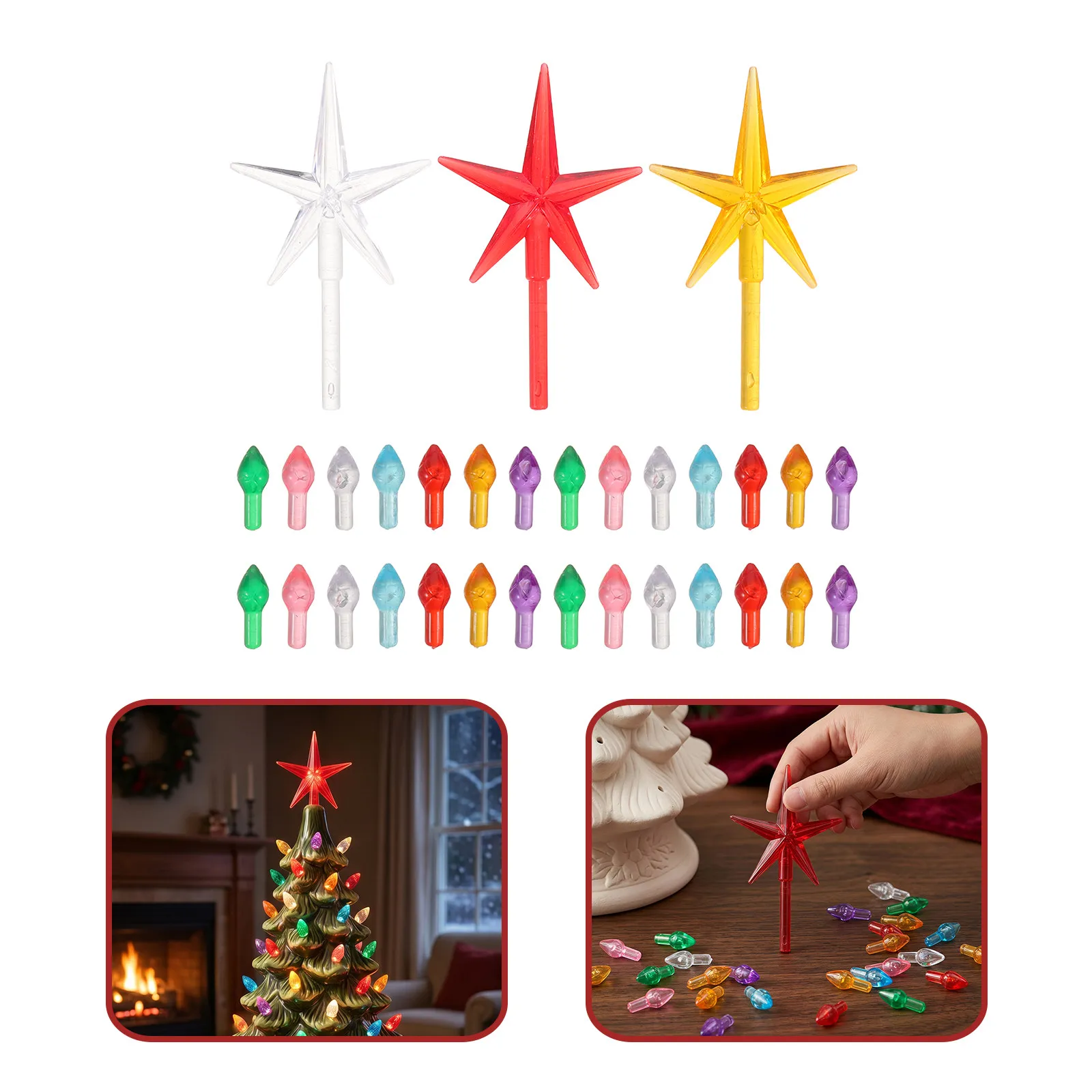 103Pcs Christmas Tree Replacement Bulbs Ceramic Multi-Color Plastic Flame Peg Twist Bulbs Star Topper Lights DIY Holiday