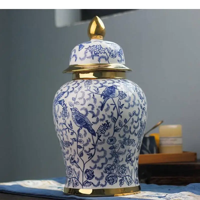 Blue and White Porcelain General Jar with Lids Ceramic Storage Jars Cosmetic Containers Artificial Flower Decorative Floral Vase