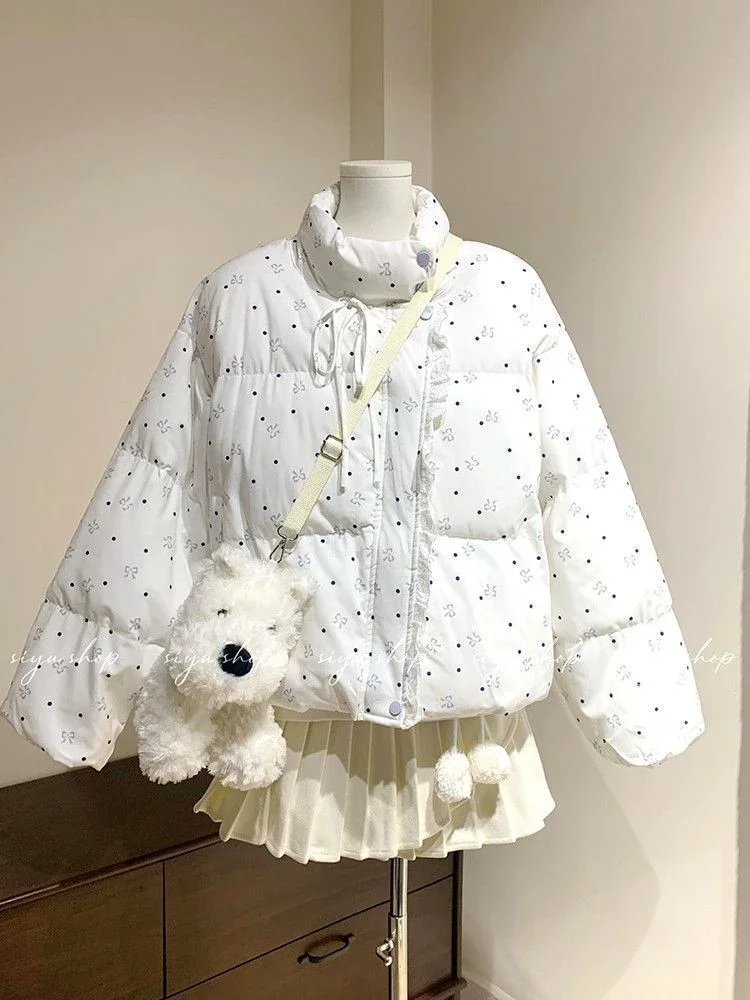 Sweet Bow Women Parkas Winter Warm Print Kawaii Lace Patchwork Preppy Puffy Coats Stand Collar Casual Cute Long Sleeve Outwear