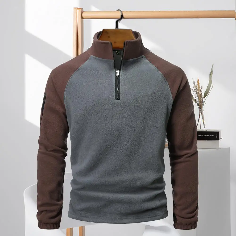 Autumn/winter Men's Top Half Zip Stand Collar Collar Color Block Wool Mid-length Pullover Sweatshirt Street Wear