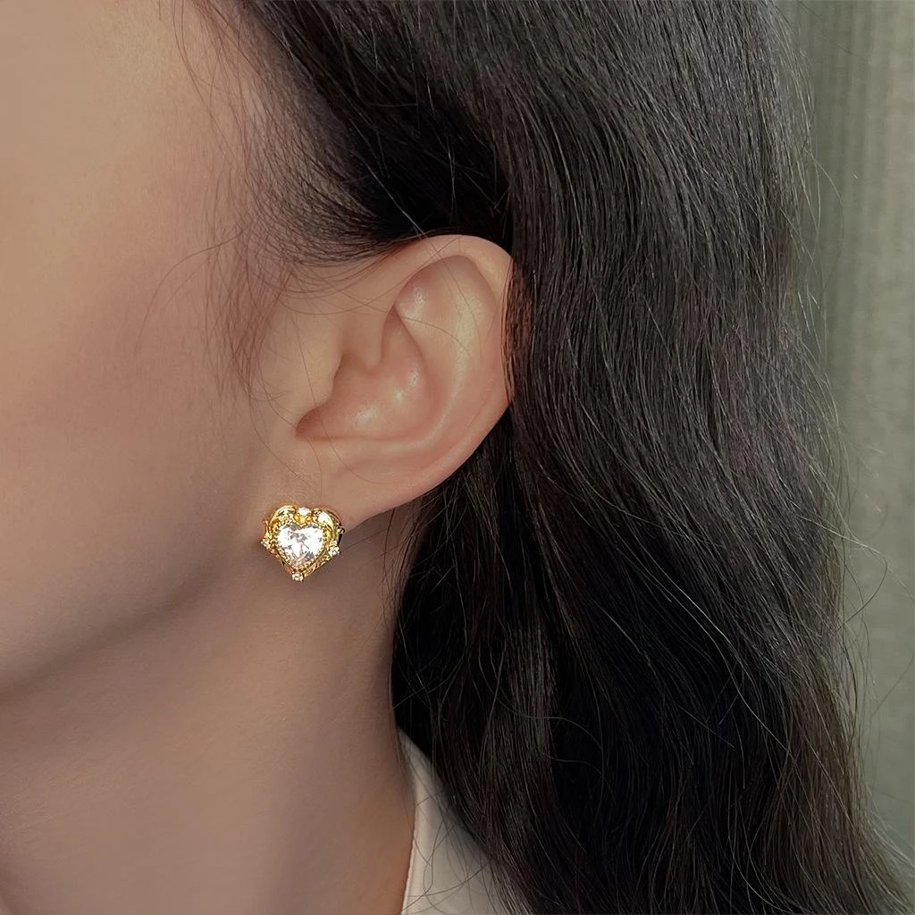 14K Gold Plated Big Heart Cubic Zirconia Micro Pave Crystal Ornate Carved Earrings Elegant Wedding Jewelry For Women