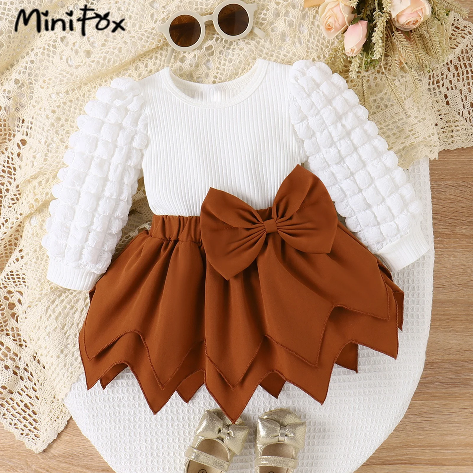 MiniFox Baby Girls Clothes Sets 2024 Puffy Sleeve White T-shirts and Bow Irregular Skirts 2pcs Sets For Kids Baby Girls Outfit