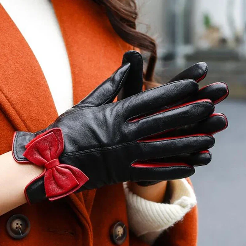 Windproof Touch Screen Gloves for Women Winter Sheepskin Leather Gloves Electric Vehicle Cycling Outdoors Sports Mittens