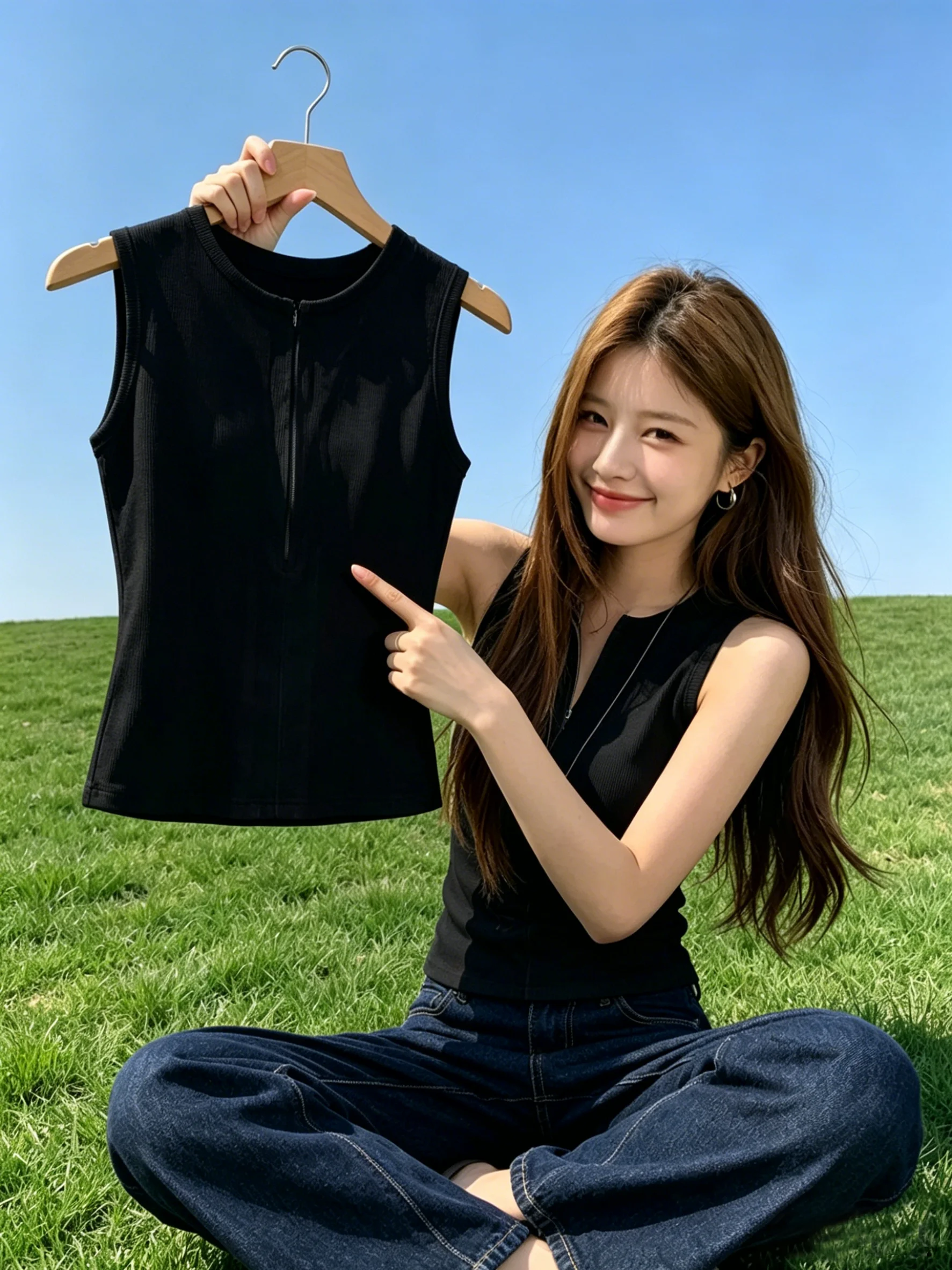 Summer Sleeveless Women's Vest 95 Cotton Halfl Zipper Waist Cinching Outerwear Inner Match Slimming Effect No Sleeve Top