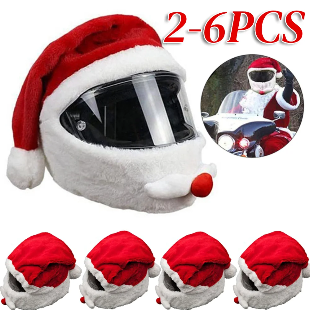 2-6PCS Christmas Helmet Cover Elastic Motorcycle Santa Claus Funny Cover Plush Santa Claus Christmas Hat for Outdoor Party Xmas