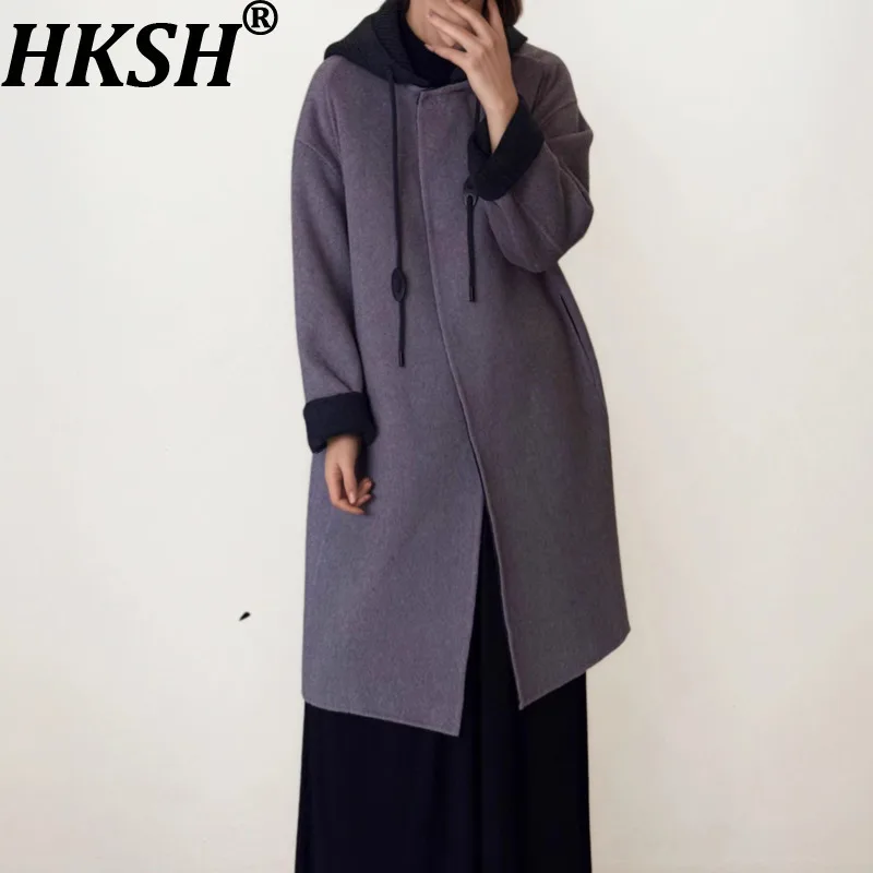 

HKSH шерстяная куртка для женщин осень-зима новое с капюшоном контрастного цвета элегантное темпераментное длинное пальто High Street Tide Chic HK10992