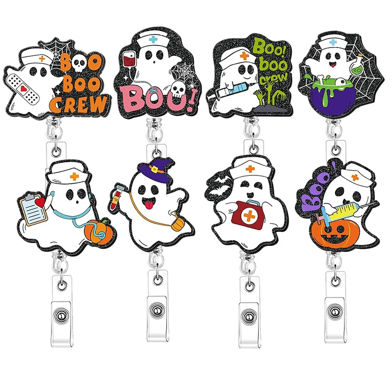 2pcs Acrylic Id Holder Halloween Badge Reel Ghost Pattern Doctor Nurse Accessories Rotating Badge Holder Credential Holder Gift