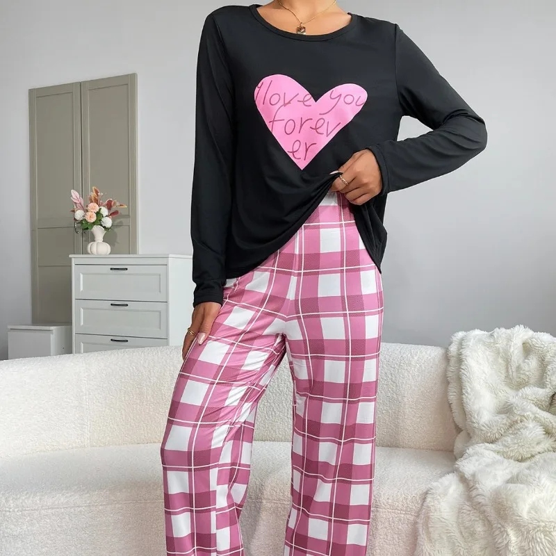2pcs Set Women's Pajamas Set Spring Autumn Soft Heart Print Top Plaid Pants Simple Design Homewear Loungewear Outfit