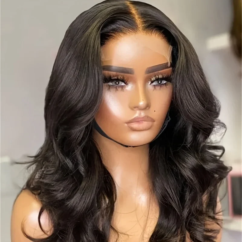 Glueless Natural Black Soft 26“Long body wave Preplucked 180Density Lace Front Wig Synthetic For Women High Temperature Daily