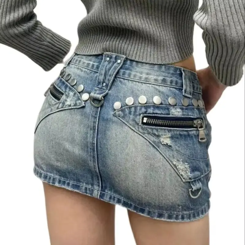 Japanese American Retro Plus Size Nail Jeans Denim Skirt Low Rise Cargo Skirt Mini Sexy Hot Aesthetics American Style Cyber Punk