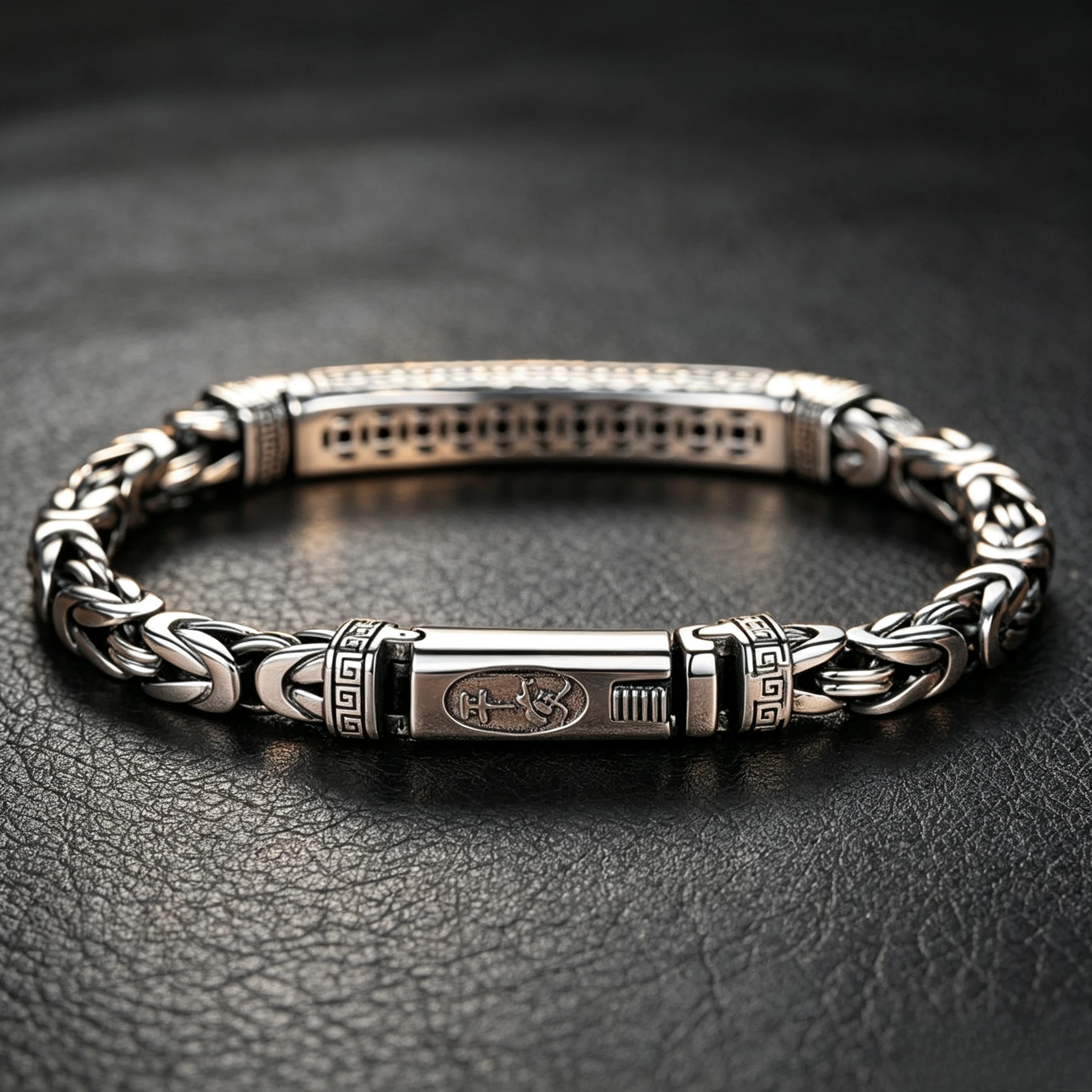 Men Vintage Hollow Engraved Bar Bracelet Retro Geometric Pattern Braided Chain Box Clasp Ethnic Style Wrist Jewelry Daily Gift