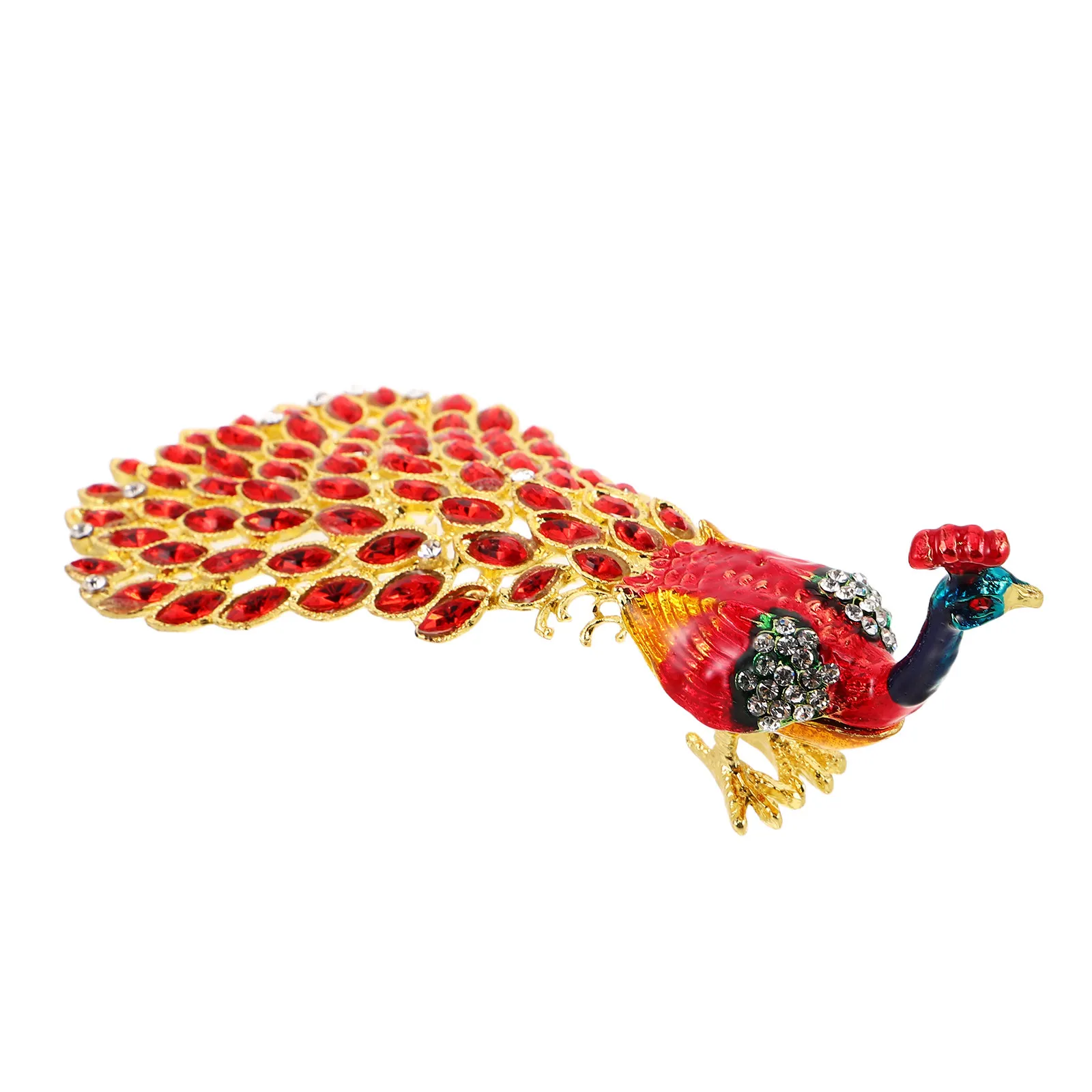 Red Enameled Peacock Jewelry Box Rhinestone Embellished Mini Organizer Ring Holder Decorative Trinket Keepsake Storage