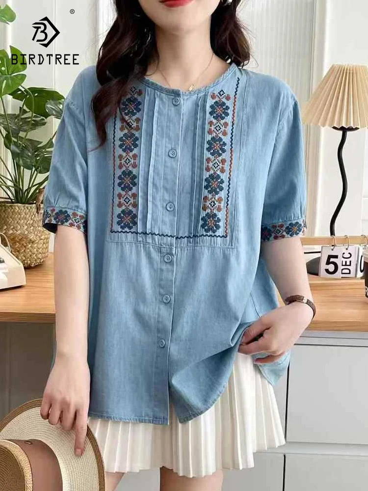 

Новая женская джинсовая рубашка с коротким рукавом на лето 2026, с вышивкой, в стиле Mori Girl, винтажная, этническая, повседневная, свободная блузка T63922CC