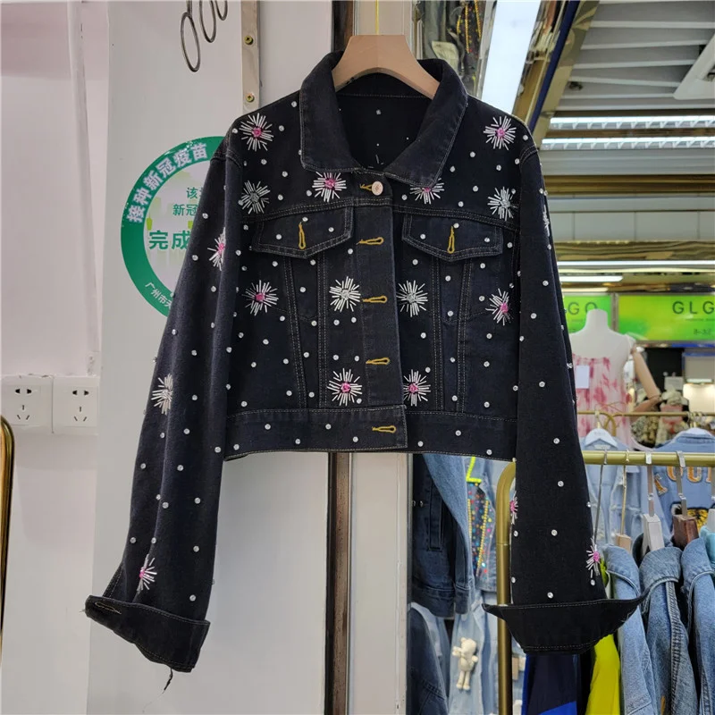 Autumn Fashion Women’s Denim New Jacket Full Sleeve Loose Button Pearls Embroidered Beads Short Lapel Wild Casual 2023