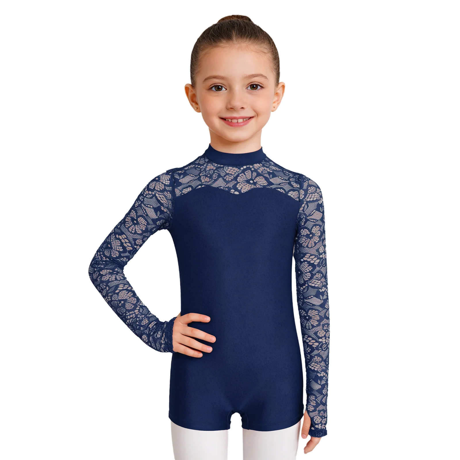 Kids Girls Gymnastics Ballet Dance Leotards Jumpsuit Lace Patchwork Long Sleeves Keyhole Back Bodysuit Performance Costume