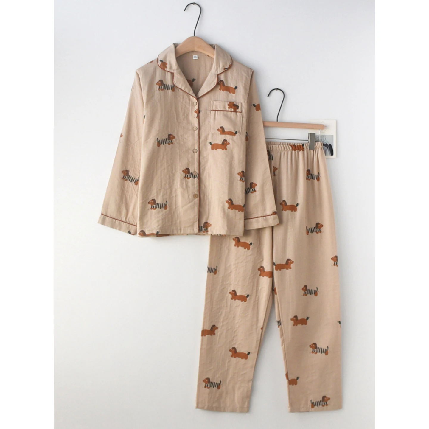 Women‘s 2-Piece Pajama Set - Cute Dachshund Print Sleepwear, Double Gauze Cotton Long Sleeve & Relaxed Fit, Lightweight & Breath