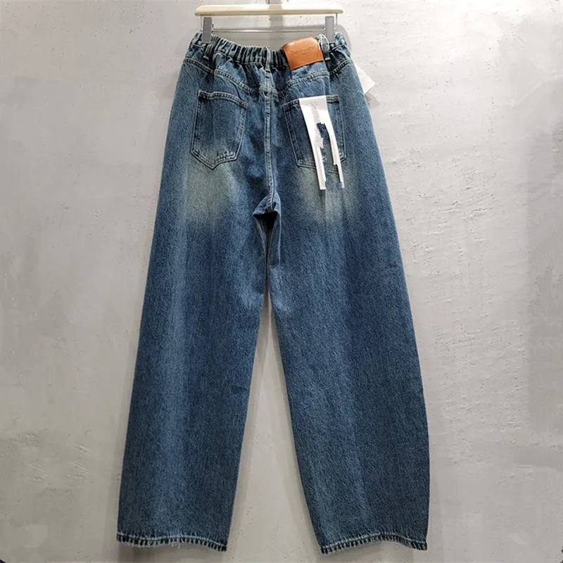 Fashionable New Spring Autumn All-match Elastic Waist Casual Straight Jeans Personality Metal Decoration Loose Denim Trousers