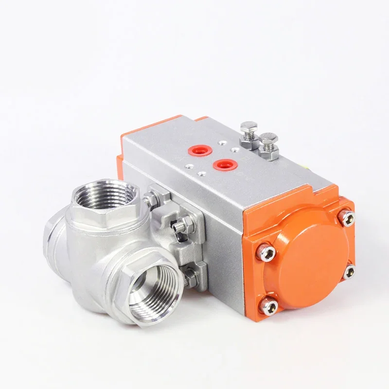 Pneumatic Internal Thread Three-Way Ball Valve T/L Type Cut-Off Reversing DN8/DN10/DN15 304 Stainless Steel for HVAC/R Wire Port