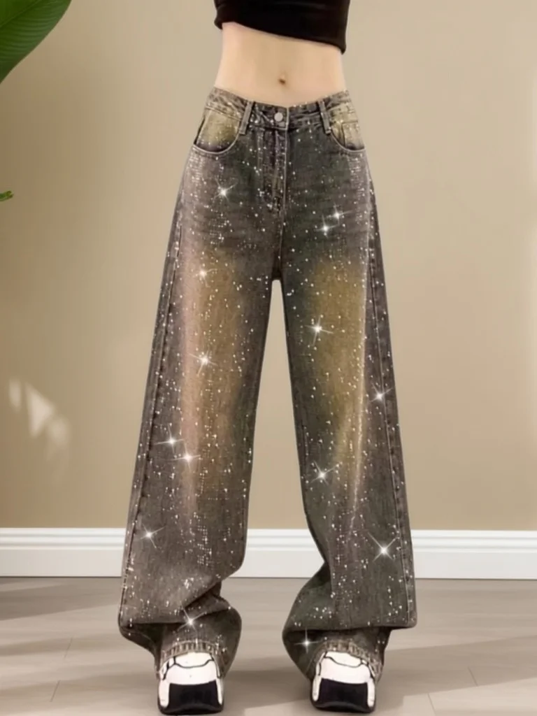 

Sparkling Drill Heavy Duty Wide Leg High Waist Straight Cut Versatile Women's Jeans Casual Style Multi Pocket Water Washed
