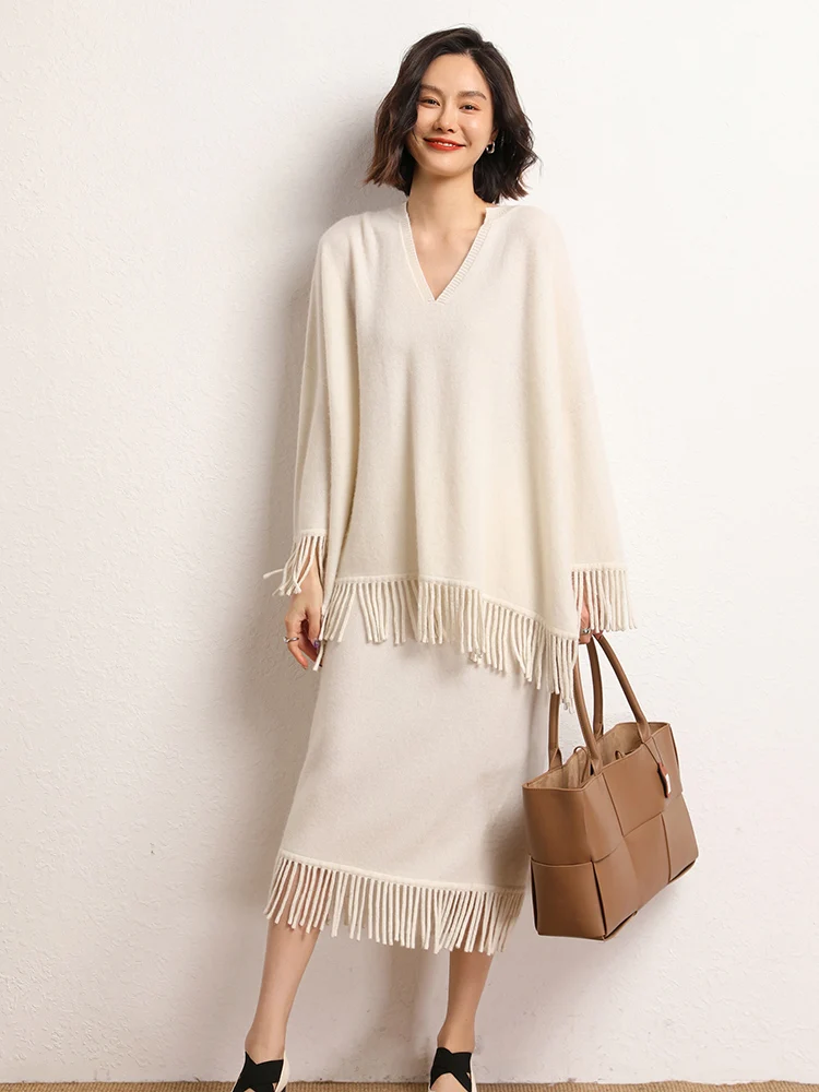 

TLOML Autumn Winter Women's Cashmere Tassel Long Skirt Straight Ankle Length Skirts 100% Cashmere Knit Skirt Soft Fashion Skirts