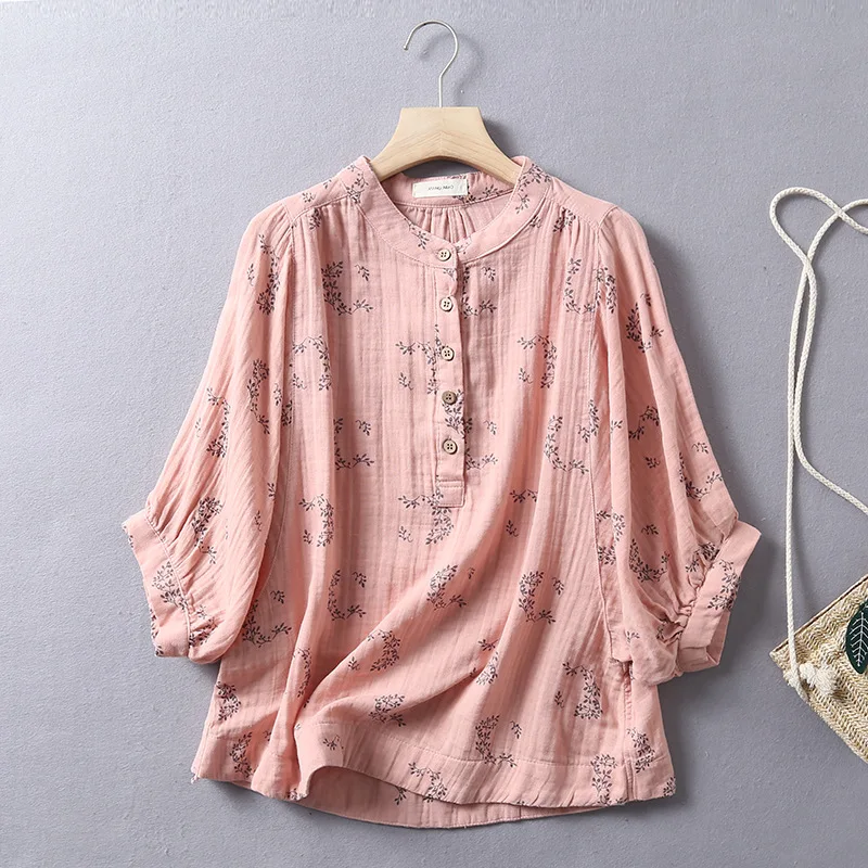 New Spring Cotton Yarn Casual Retro Shirt Women Half Sleeve Stand Neck Floral Top Girl OL Loose OL Blouse 2024 Summer T447116QM